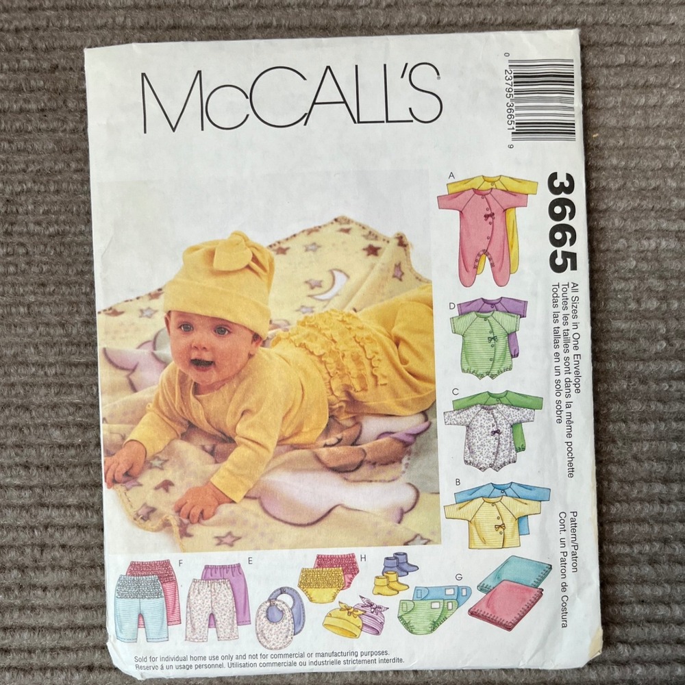 McCalls 3665 Infant Baby Layette Sewing Pattern Coverall Bodysuit Bib Hat 2002